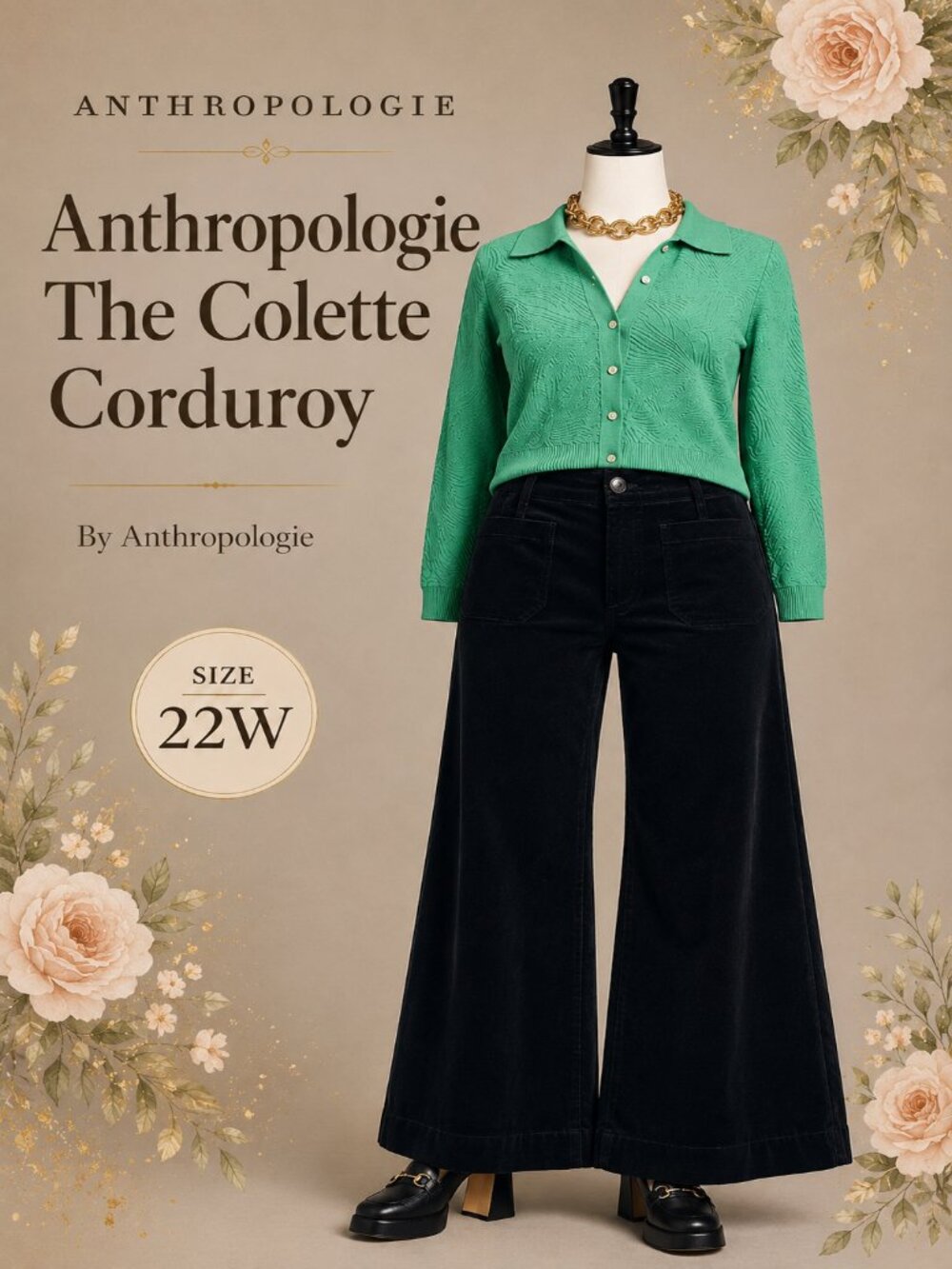 Anthropologie The Colette Corduroy Full-Length Wide-Leg Pants by Maeve 22W NEW